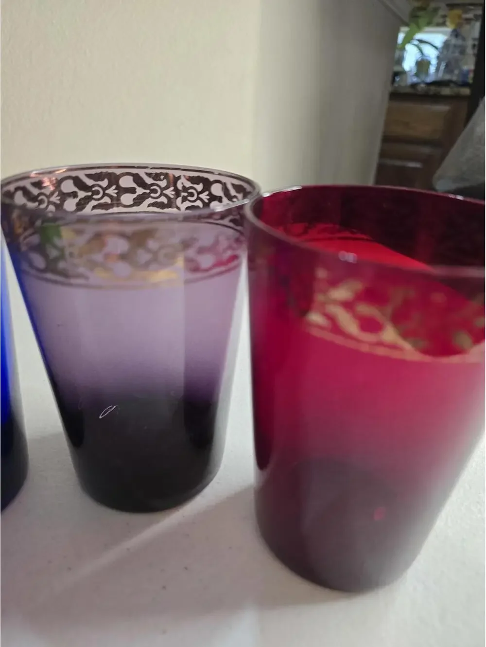 Set of 4 Colorful Vintage Glass Tumblers with Gold Gilded Trim  -16 oz